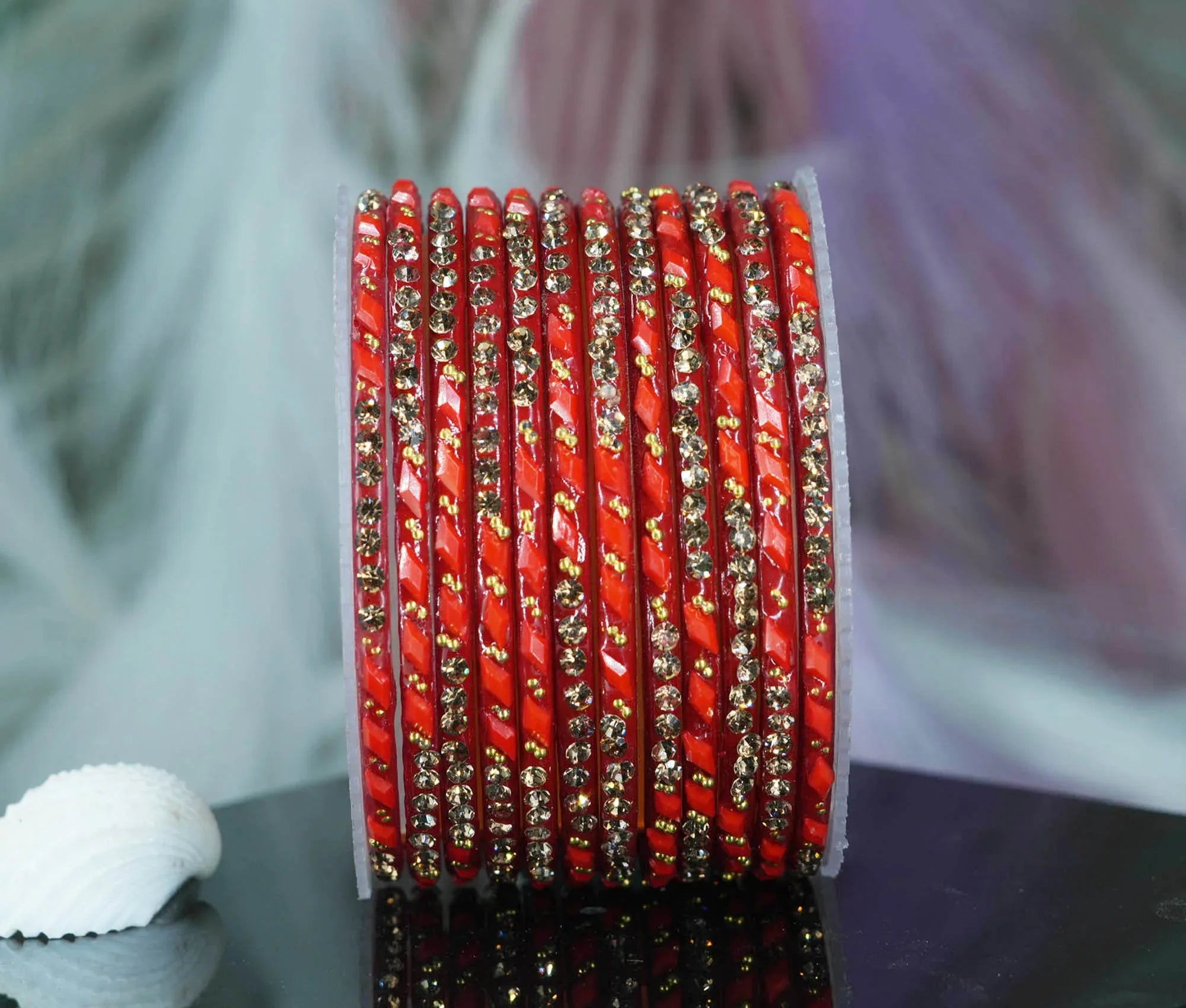 Glass Bangles with Gold Pearl Beads Studded for Women & Girls (Pack 12 Bangles) - The Golden Cascade